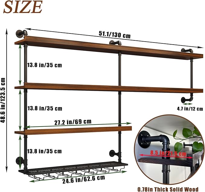 Solid Wood Wall Mounted Wine Rack, Large Wine Rack with LED Light, 4 Tiers Liquor Bottles Floating Shelves with Glass Holder, Industrial Bar Shelves for Home Bar Dining Room (51.2 IN/ 130CM)