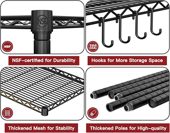 PrimeZone Wire Metal Storage Shelves - 5 Tier Adjustable NSF Certified Heavy Duty Garage Shelving Unit Organizer Rack, Steel Utility Shelf for Kitchen, Pantry, 35.5" W x 14" D x 72" H, Black, 4 Packs