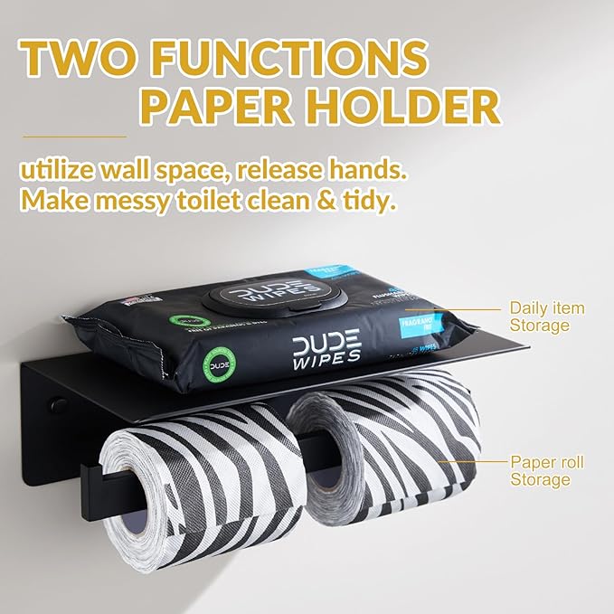 APLusee Matte Black Double Toilet Paper Holder with Shelf, 304 Stainless Steel Bathroom Tissue Roll Holder, Commercial Paper Dispenser Wall Mounted