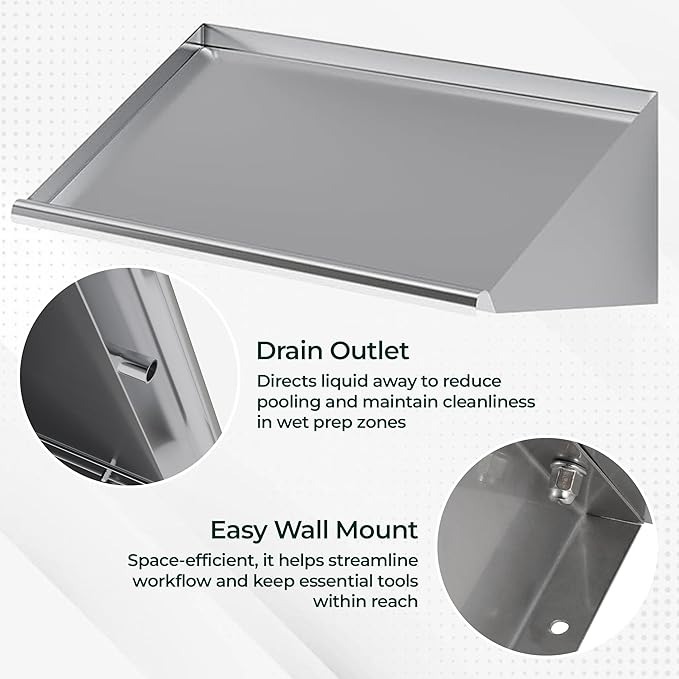 304 Stainless Steel Slanted Wall Rack Shelf with Drain Outlet – 63" x 22.5" | Wall-Mounted Commercial Drip Shelf for Kitchen, Dish Pit, or Back Bar (63 in. x 22 1/2 in)