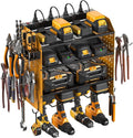 CCCEI Modular Pegboard Rack Power Tool Organizer with Charging Station. 4 Layer Wall Mount Drill Holder, Yellow Tool Battery Charger Organizer. Garage Shop Storage Utility Shelf with 10FT Power Strip