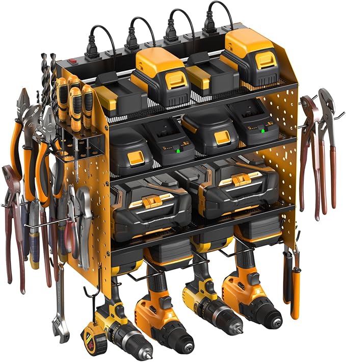 CCCEI Modular Pegboard Rack Power Tool Organizer with Charging Station. 4 Layer Wall Mount Drill Holder, Yellow Tool Battery Charger Organizer. Garage Shop Storage Utility Shelf with Power Strip.