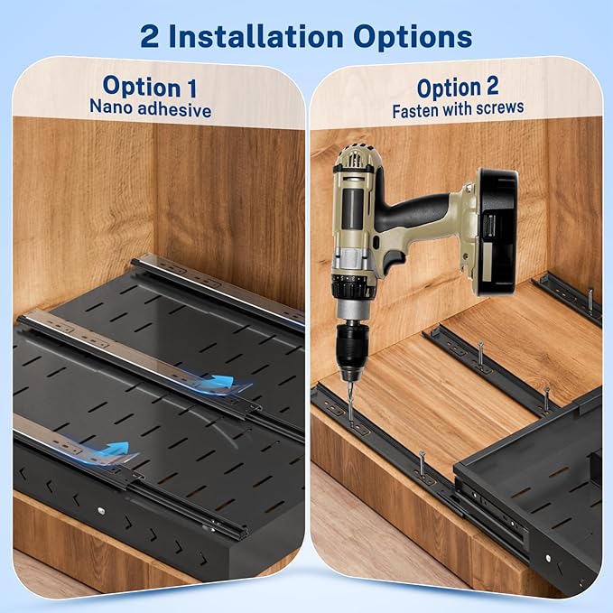 Insputer Pull Out Cabinet Organizer Expandable (12.4"-20.08")W & (16.26"-22.44")D, Slide Out Drawers for Kitchen, Pantry with 2Pcs Magnetic Panel, 3 Slide Rail, No Drill Adhesive Roll Out Shelf Black
