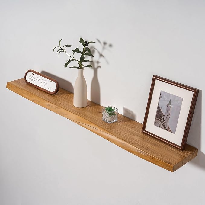 Axeman 48 inch Floating Shelves for Wall - 8'' D Live Edge Rustic Solid Elm Wood Floating Shelves Wall Mounted, Hanging Shelves with Invisible Bracket for Living Room Bedroom Kitchen, Natural