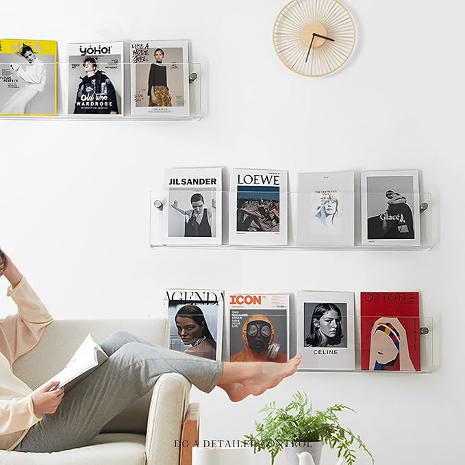 4-Pack 24" Acrylic Magazine Holder Vinyl Records Holder, Display Floating Bookshelves Wall Mounted, Hanging Nursery Book Shelves for Waiting Room, Living Room, Office