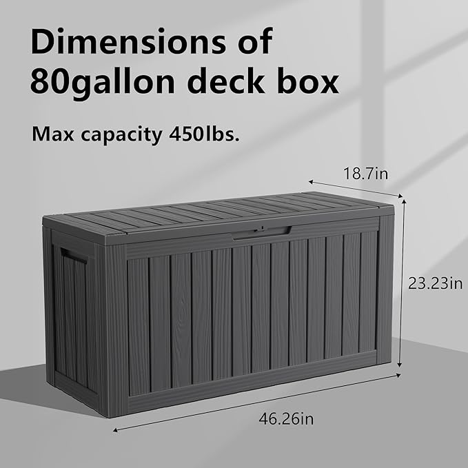 80 Gallon Outdoor Deck Box,Storage Lockable Waterproof Patio Furniture,Garden Tools,Cushions,Pool Accessories Outside Storage Resin Box(Black)