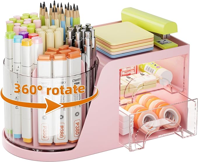 Marbrasse Desk Organizer with 2 Drawer, 360°Rotating Pen Holder, Desk Organizers and Accessories with 6 Slots Pencil Organizer + 2 Drawer, Art Supply Storage Box Caddy for Office (Pink)