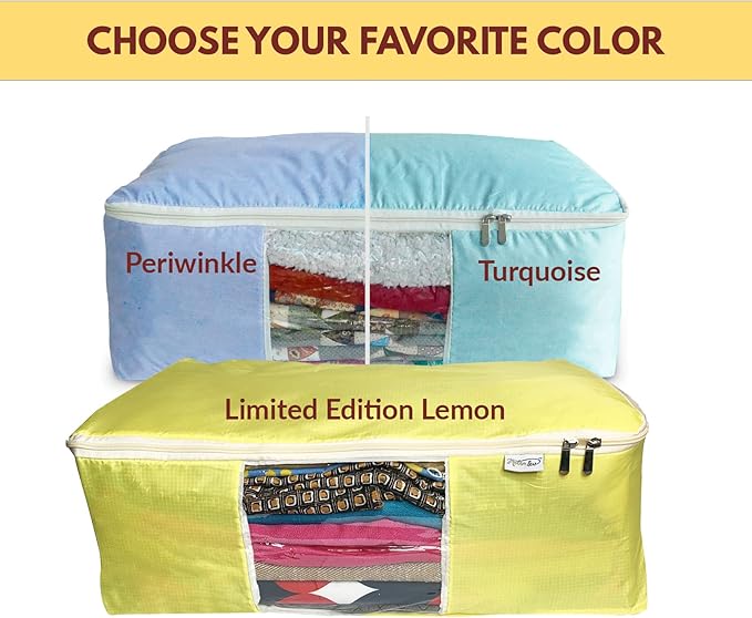Madam Sew Quilt Blanket Storage Bag|Blanket Organizer|Comforter Storage for Clothes, Quilts, Bedding|Linen Bag Storage with Visible Front Panel, Strong Handles & 2-Way Zipper - Periwinkle 22x15x8"