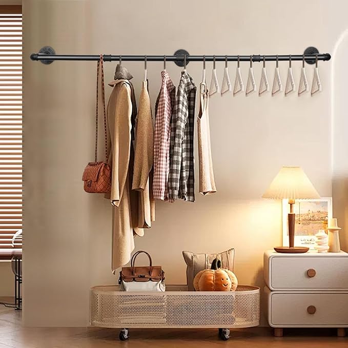 Industrial Iron Pipe Clothes Hanging Bar DIY Wall-Mounted Garment Rack Heavy Duty Clothing Rack for Bedroom, Laundry Room, Closet Storage (Black 60 inch)