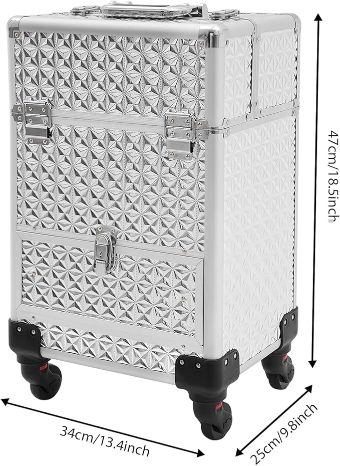 Rolling Makeup Case, Nail Storage Box with Wheels Portable Makeup Trolley for Beauty Studio Hairdressers Nail Technician (Silver)