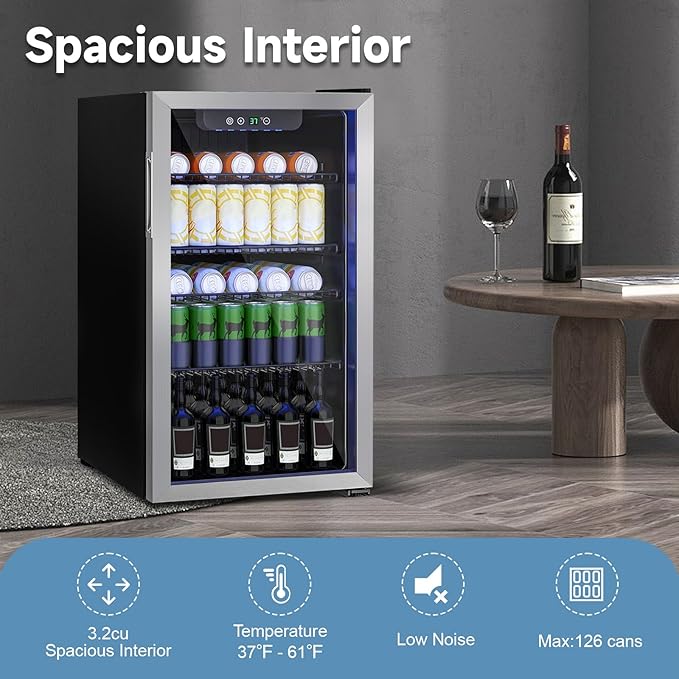 Beverage Refrigerator Cooler, 126 Can Mini Fridge Glass Door for Drinks Soda, Beer, or Wine - Small Refrigerator for Office Bedroom Home Bar, Adjustable Shelves, 3.2 Cu.Ft, Silver