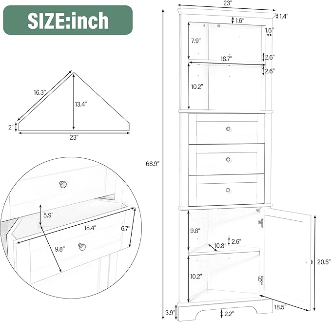 68.9" Tall Triangle Corner Cabinet with 3 Drawers & Adjustable Shelf, Freestanding Storage Cabinet,Water-Resistant, Anti-Tip Design,Space-Saving Organizer for Bathroom, Kitchen, Living Room, White