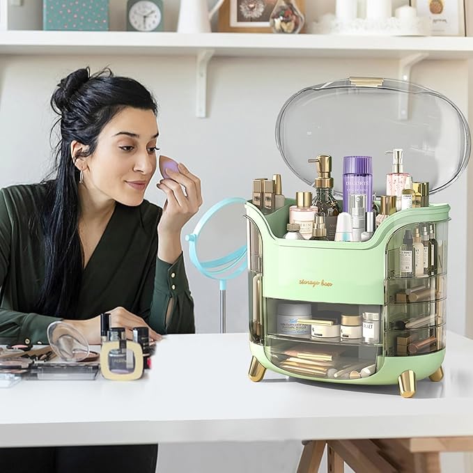 Makeup Organizer & Skincare Organizers, Cosmetic Organizer Box for Countertop with Lid & Drawers, Make Up Storage Organizer with Waterproof & Dustproof Cover, Birthday Gifts for Vanity Women Girls
