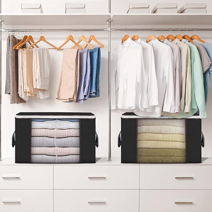 Large Storage Bags, 3 Pack Clothes Storage Bins Foldable Closet Organizers Storage Containers with Durable Handles Thick Fabric for Blanket Comforter Clothing Bedding 90 L (Black)