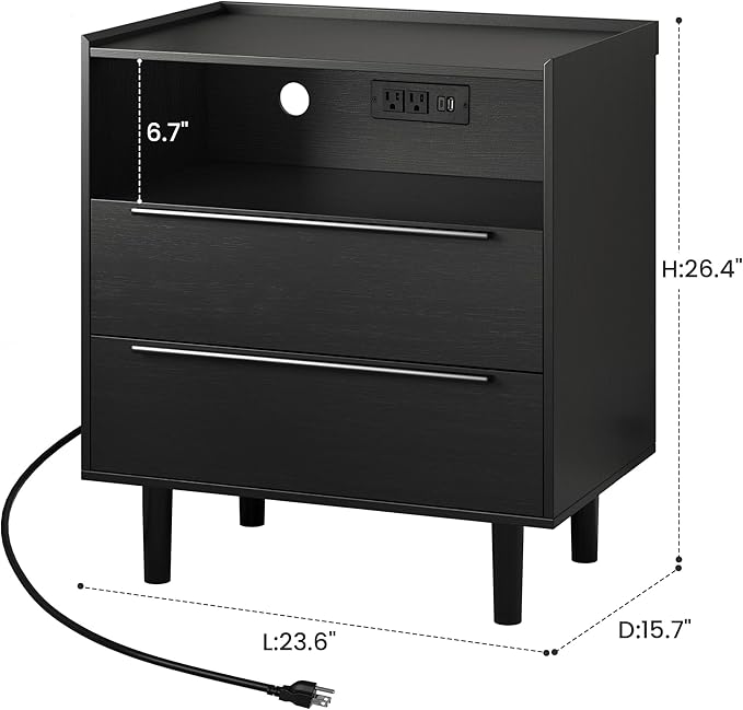 Set of 2 Modern Black Nightstands with Hidden Charging Station, USB Ports, Cable Hole, Tray Top & 2 Drawers – 24" Bedside Tables for Bedroom, Apartment