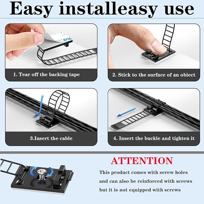 Adjustable 3M Adhesive Cable Management Clips 100Pcs, Large self Adhesive Cable Ties Clips ，Suitable for Cable Management Under desks and on Walls(Black)