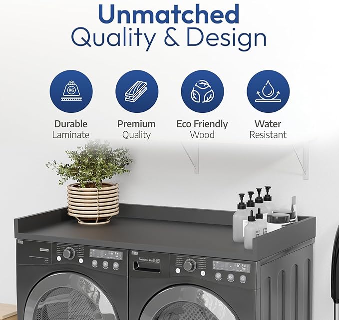 OfficeSimpli Washer Dryer Countertop, Made in USA, Non-Slip Pads, Easy Clean, Laundry Room Essentials and Decor, Washer Dryer Wood Top for Organization (Slate Grey, Standard (27.5" x 54"))
