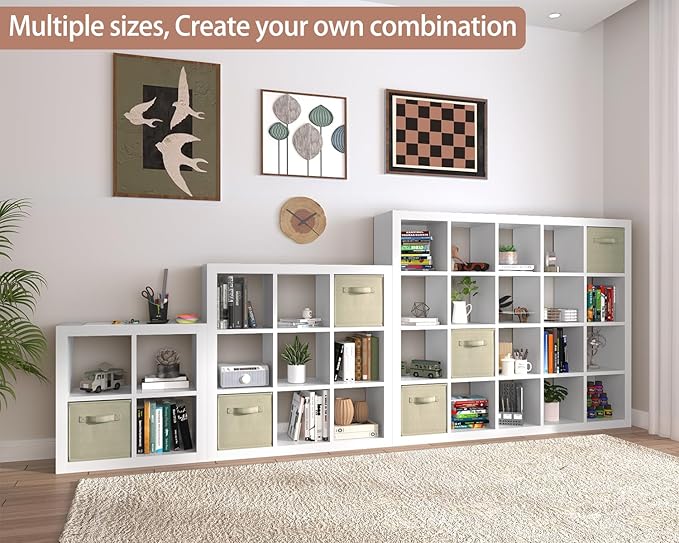 furtble Bookshelf with Storage Bins, 16-Cube Storage Organizer with Back Panels, Modern Wood Open Bookcase, Multifunctional Display Shelf for Living Room, Bedroom, Home Office, White
