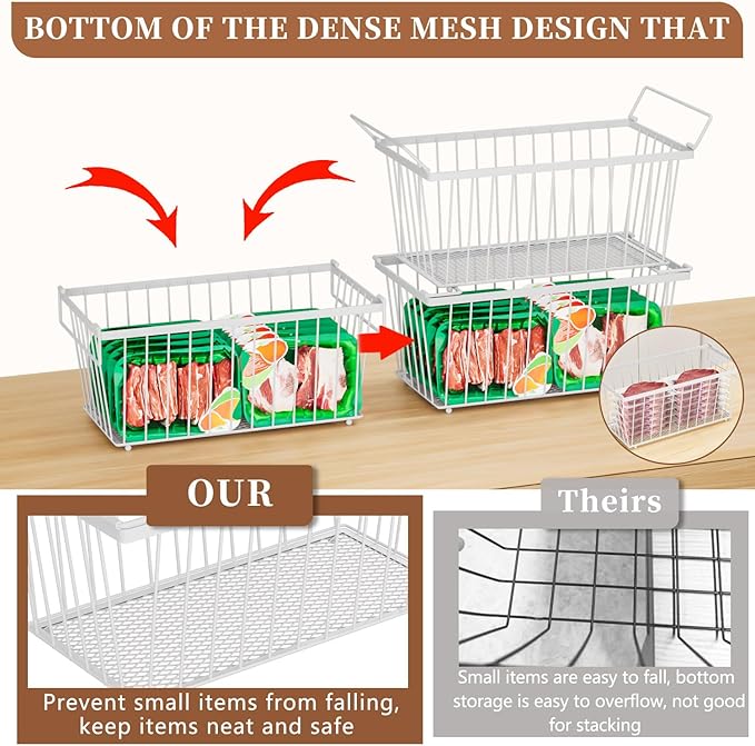 Enhanced Leak-Proof Bottom - Freezer Organizer Bins ，6 Pack Stackable Deep Freezer Organizer Bins for 7 Cu.FT Small Chest Freezer，Easy Get Bottom Foods without Digging