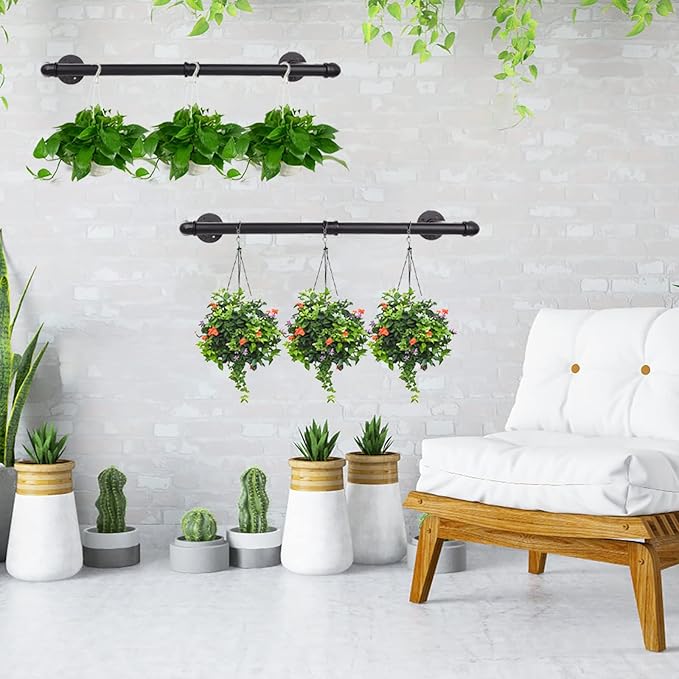 54” Wall Mounted Clothes Rack, Industrial Pipe Black Iron Garment Bar, Heavy-Duty Detachable Clothing Rod, Multi-Purpose Metal Wall display Hanging Pole for Closet Storage, Laundry Room 2 Base