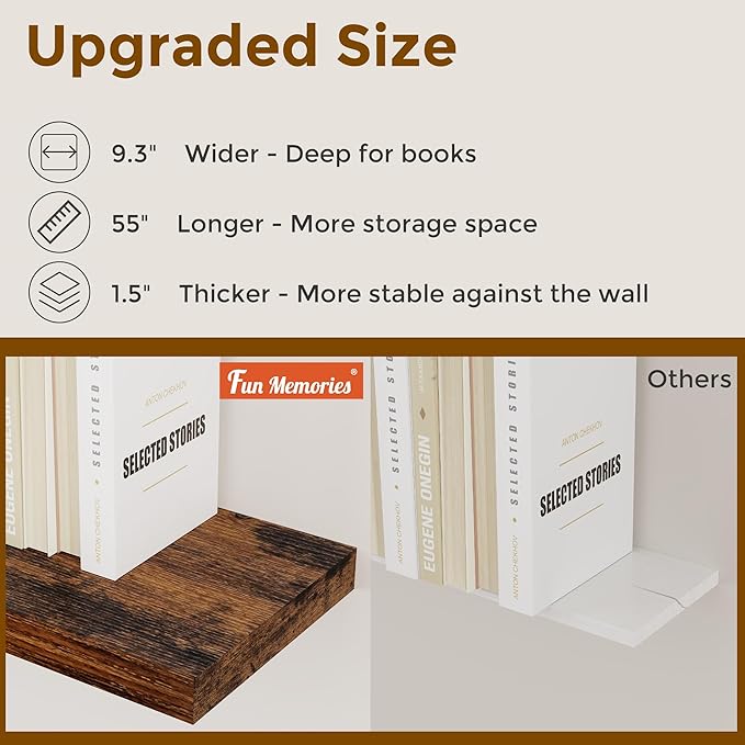 Fun Memories 55Inch Floating Shelves for Wall 2 Pack Shelves for Bedroom|Kitchen|Bathroom Wall Mounted Rustic Wood Floating Shelf with Invisible Brackets for Books|Storage|Decor, Rustic Brown