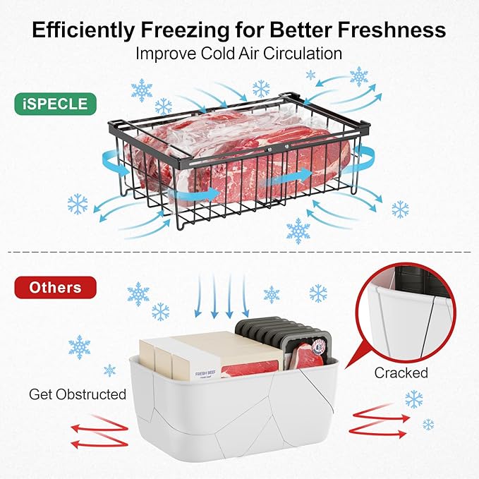 iSPECLE Large Expandable Freezer Organizer Bins - 4 Pack Chest Freezer Organizer Bins, for 10 to 20 Cu.FT Deep Freezer, 1 Hanging Basket and 3 Stackable Freezer Bins, Black