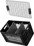 SIDIO Full-Size Collapsible Crate - Heavy Duty Stackable Storage Bin with Lid & 2 Short-Ways Dividers, Durable Plastic Organizer for Home, Office, Garage & Outdoor Use (Black)