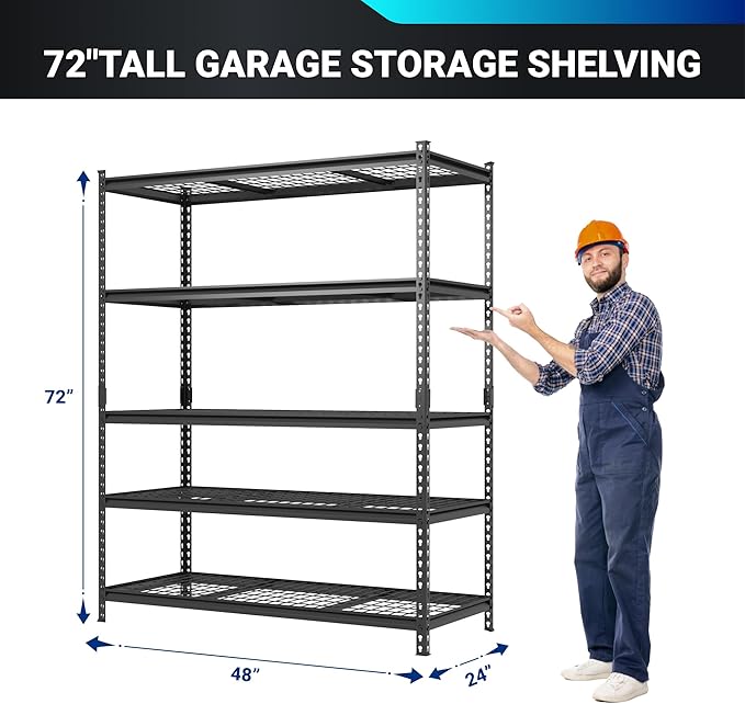 FLEXIMOUNTS Garage Shelving, Heavy Duty Shelving 2000 lbs, 5-Tier Garage Storage Shelves,Industrial Shelves for Heavy Tools and Equipment, 48" W x 24" D x 72" H, 2 Pack