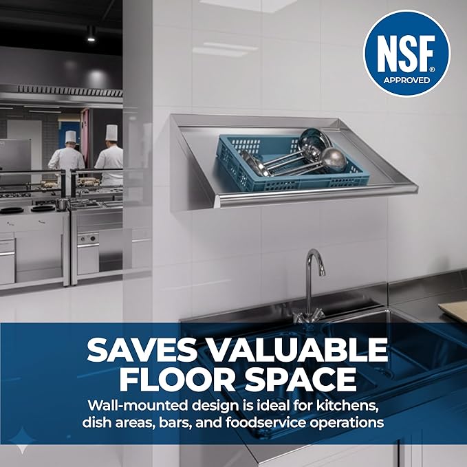 304 Stainless Steel Slanted Wall Rack Shelf with Drain Outlet – 21" x 22.5" | Compact Wall-Mounted Drip Shelf for Commercial Kitchen or Bar (21 in. x 22 1/2 in)