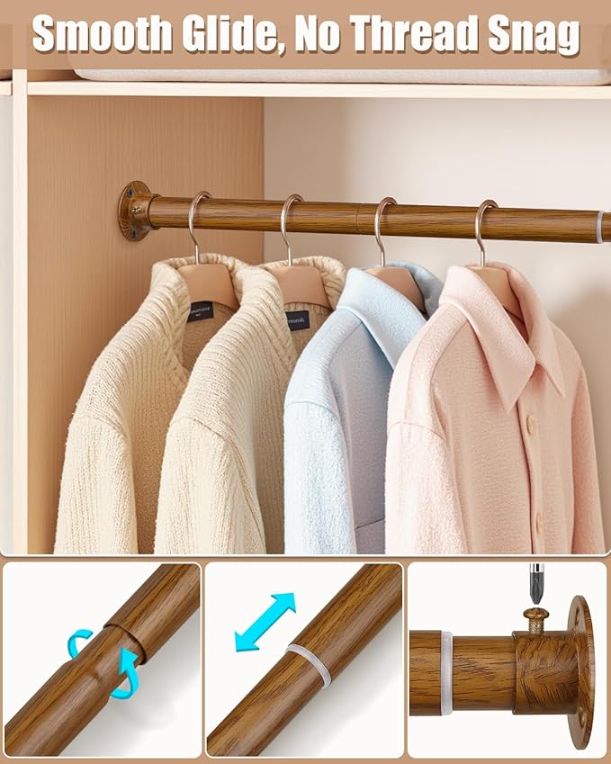 Closet Rods for Hanging Clothes, 17-28 Inch Heavy Duty and Stepless Adjustable Closet Poles, Stainless Steel Closet Hanging Rod for Wardrobes, Laundry Room, Bathroom, RV (Wood-Grain Finish)