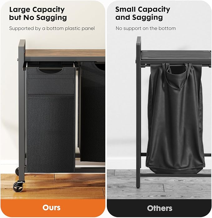 Sweetcrispy Laundry Hamper with 4 Pull-Out Removable Sorter Bags, Movable Wheels, Freestanding Clothes Basket Organizer in Bathroom, 4 × 10.6Gal (160L) Capacity, Rustic Brown and Black
