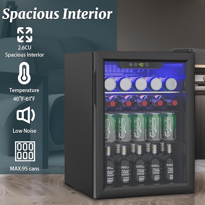 2.6 Cu.Ft Mini Fridge for 95 Cans, Beverage Refrigerator with Glass Door and Digital Display, Small Drink Fridge with Adjustable Shelves for Soda, Beer, or Wine, Compact Fridge for Home Office