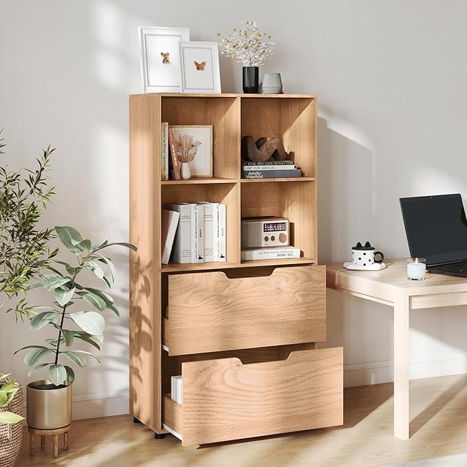 GOFLAME 4-Tier Bookcase with 2 Drawers, 51” Tall Bookshelf with 4-Cube Open Shelf, Wood, Modern, Freestanding Display Storage Organizer Shelf for Living Room, Home Office (2,Natural)