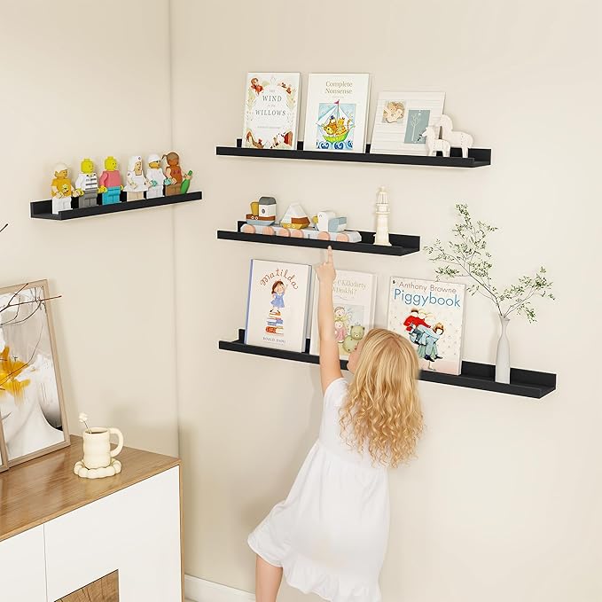Fun Memories Picture Ledge Shelf, Black Floating Shelves Set of 4, 32 Inch Picture Shelves for Wall with Ledge, Large Nursery Book Shelf for Toys Storage, Living Room, Bedroom Decor Frames