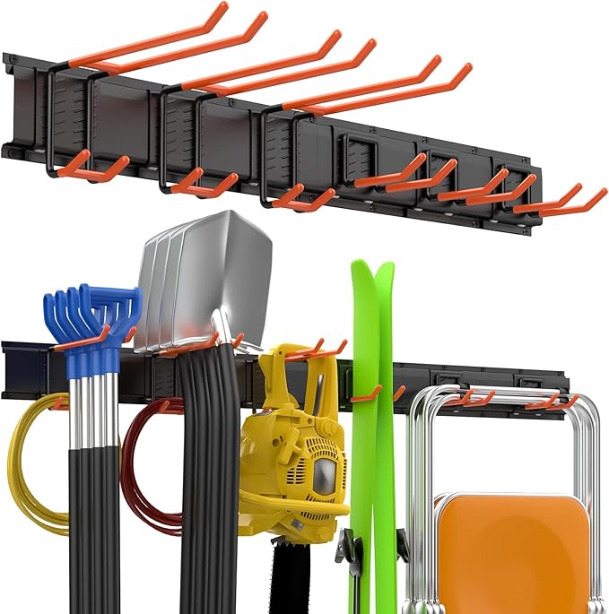 ELECROW Garage Storage Organizer, Wall Mount Rack with 6 Adjustable Hooks, 48 Inches Adjustable Garden Tool Organization, Heavy Duty for Garden and Yard Tool Storage