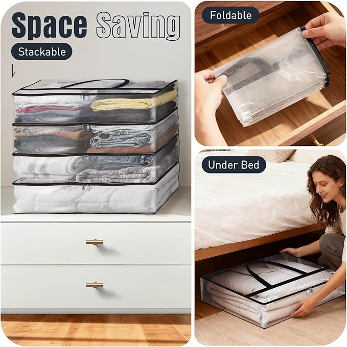 Clear Under Bed Storage Containers - 4 Pack Large Capacity Clothes Storage Bags with Lid & Sturdy Handles, Foldable Moving Bags, Clothing Organizer Totes for Bedding, Comforter, Sheet（40 L）