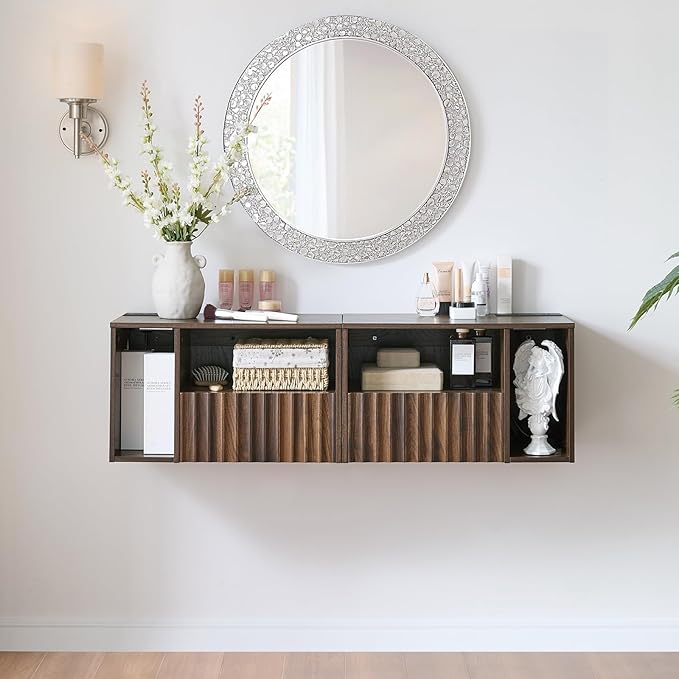 Modern Walnut Fluted Floating Nightstand with Charging Station, NightStand with Drawers, Bedside with USB Ports and Outlets, Bedroom Furniture (Left)