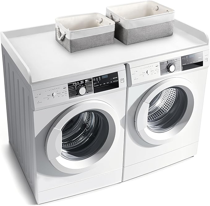 Washer Dryer Countertop with 2 Pack Storage Baskets, Wood Washer and Dryer Countertop with Non-Slip Pads/Edge Rails for Laundry Room Storage and Organization, 27.5" W x 54" L(White)