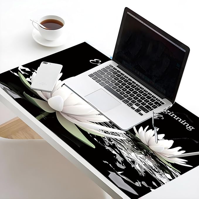 LB Black and White Floral Mouse Pad Plant Flower with Inspirational Quotes Large Mouse Pad for Desk Modern Aesthetic Desk Pad for Office and Home Non-Slip Rubber Base Mouse Mat 15.75L X 31.5W Inch