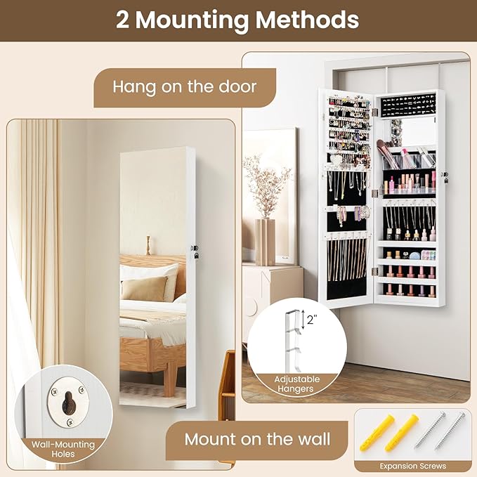 CHARMAID Jewelry Cabinet Wall or Door Mounted, Hanging Lockable Jewelry Armoire Storage with Full Length Mirror, Interior Makeup Mirror, Over the Door Jewelry Organizer Box with Mirror (White)