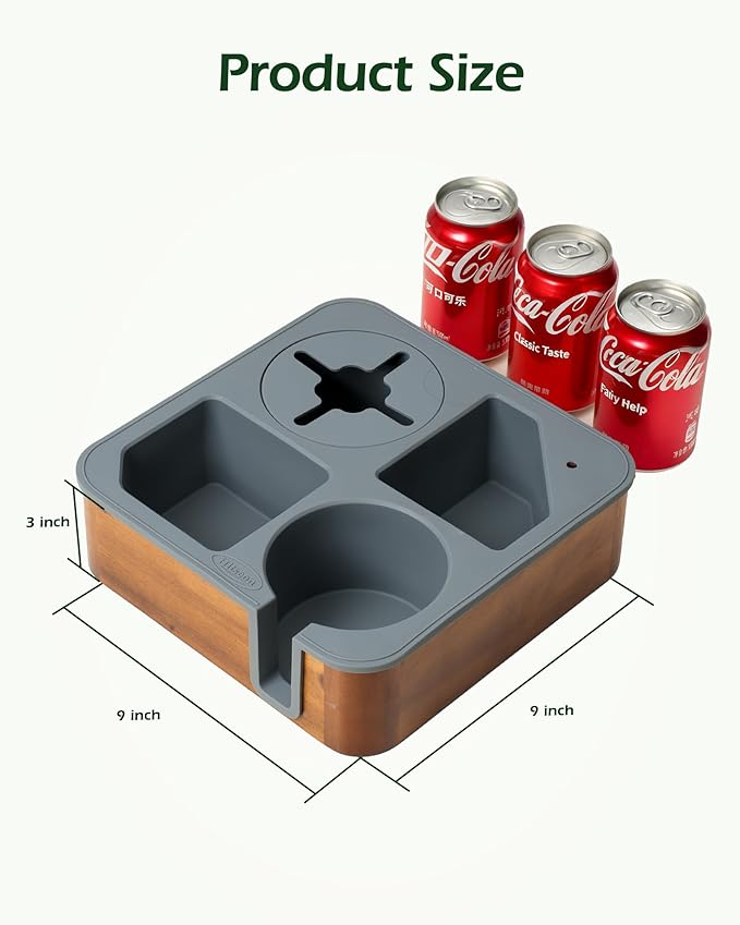 Couch Cup Holder Tray, Acacia Wood Couch Caddy With Cup Holder, Non-Slip Couch Organizer for Drinks, Snacks Remotes, Rounded Corners And Mug Slot Grey
