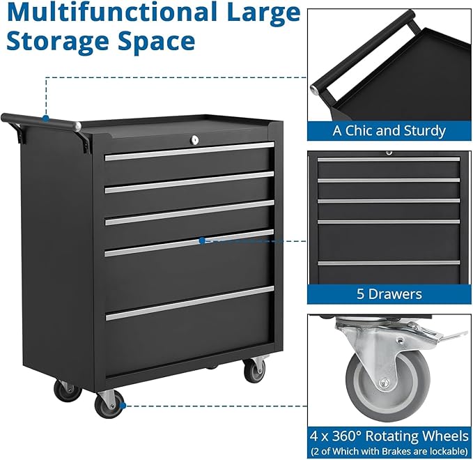 IDEALHOUSE Rolling Tool Chest, 5 Drawers Tool Storage Cabinet, Toolbox with Wheels, Portable Tool Cabinet Organizer with Locking System & Drawer Liners, Tool Storage Cart for Garage, Workshop, Black