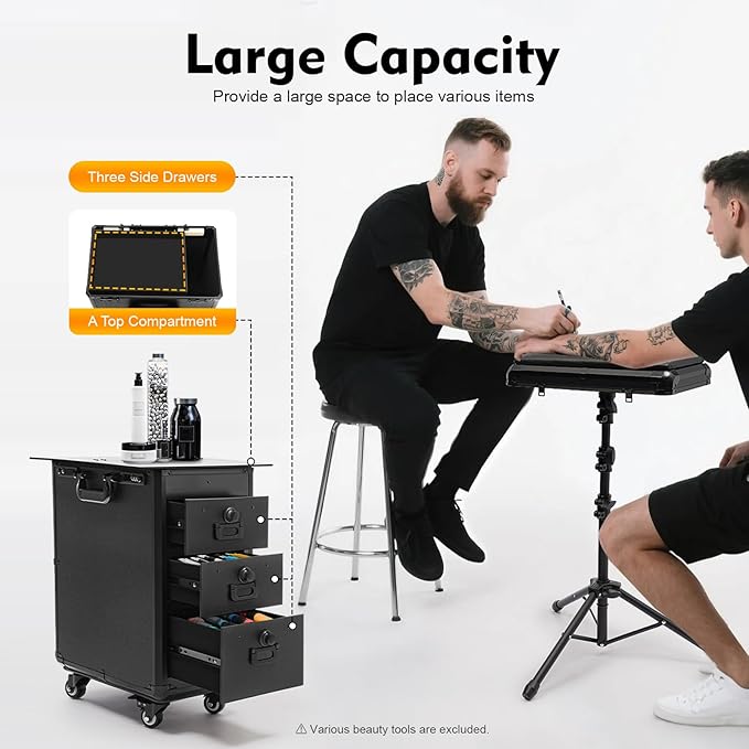Rolling Makeup Case, 3 Drawers Tattoo Travel Case Makeup Case with Combination Lock for Beauty Salons and Barber Shops 16.54 x 11 x 20.87 Inch Black