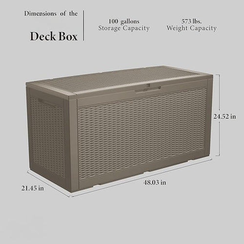 100 Gallon Deck Box, Resin Outdoor Indoor Waterproof Storage Box, Lockable Storage Box With Handle for Patio Furniture - Garden Tools - Swimming Pool Tools UV-Resistant, Grey