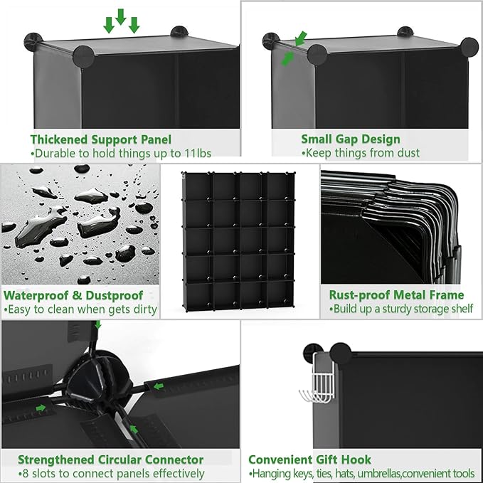 C&AHOME Cube Storage Organizer, 20-Cube Shelves Units, Closet Cabinet, DIY Plastic Modular Book Shelf, Ideal for Bedroom, Living Room, Office, 48.4" L x 12.4" W x 60.6" H Black UPCS20H