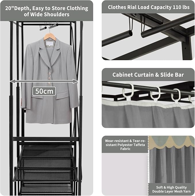Portable Closet Rack Heavy-Duty Foldable Garment Racks with Cover 1200lbs Enclosed Wardrobe Closet with Independent Area for Hanging Clothes Storaging of Bedding (59in*20in*67in)
