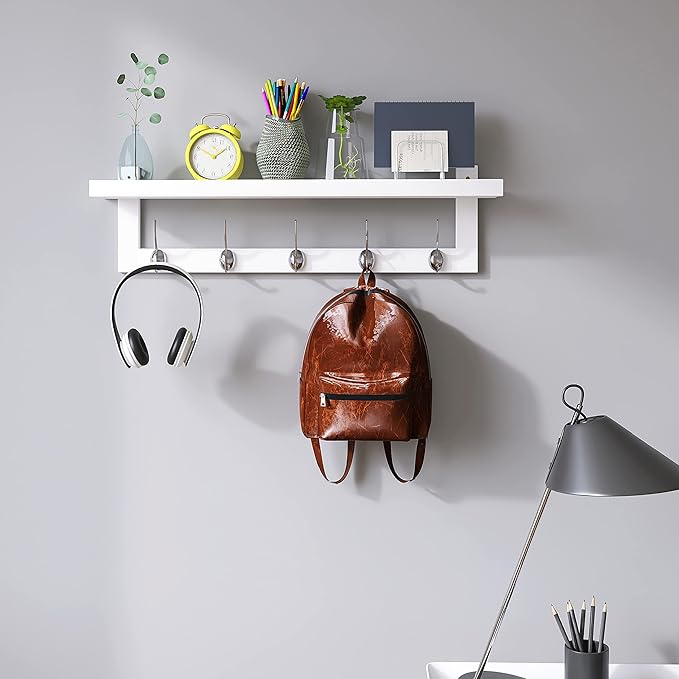 SMIBUY Coat Hooks with Shelf Wall-Mounted, 29.2 Inch Entryway Coat Rack for Wall, Bamboo Hanging Shelf with 5 Double Metal Hooks for Bathroom, Bedroom, Kitchen, Living Room, Mudroom (White)
