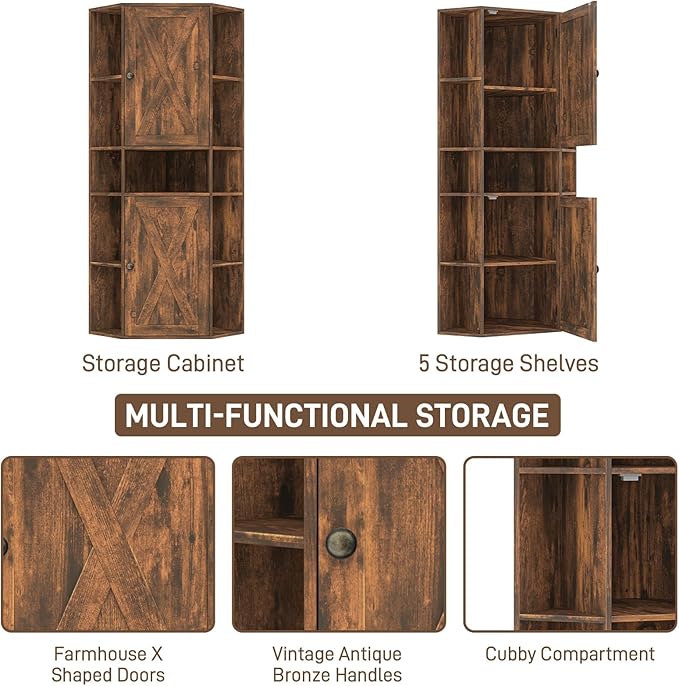 Farmhouse Corner Cabinet with Storage, Tall Corner Storage Cabinet with Adjustable Shelves and Barn Doors Farmhouse Cube Organizer Furniture Bookshelf Cabinets for Bathroom, Living Room (Rustic Brown)
