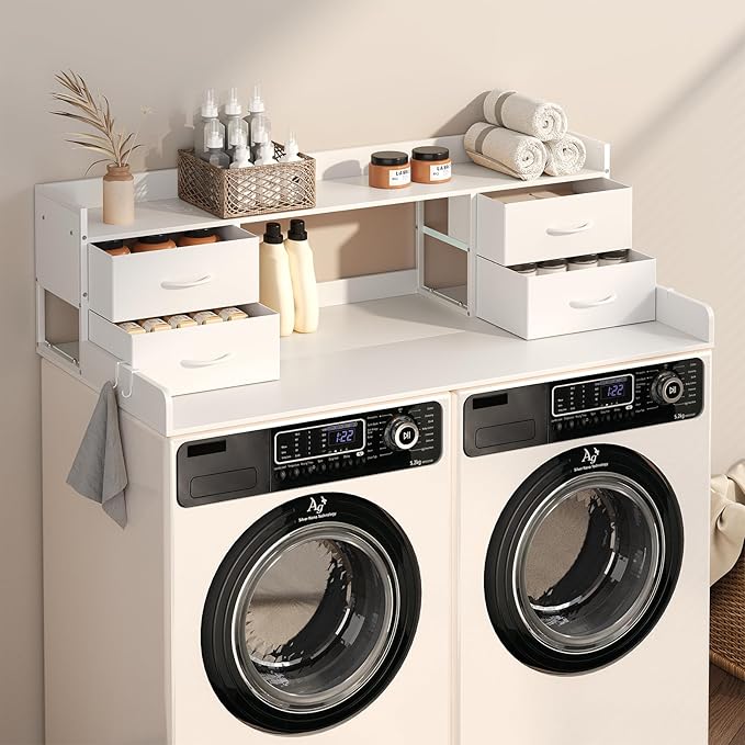 4 Drawers Washer Dryer Countertop with Shelf, 27.5" D x 54" W Laundry Topper with 3.54" High Guardrails and Non-Slip Pads,Extra Storage Organizer for Over Washer and Dryer, Holds 66 Lbs,White