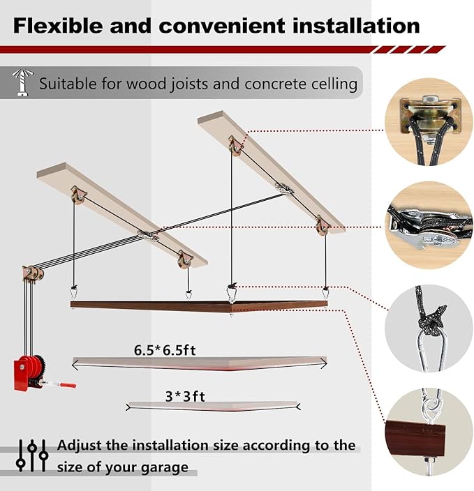 Overhead Garage Storage Lift - Heavy Duty Ceiling Mounted Garage Storage Lift System for Organization - 300lbs Weight, Supports 8-16ft Ceilings, Compatible Bronco, Weight, Wrangler (Deck Not Includ)